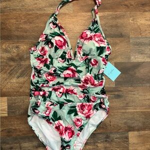 🩱🌸Cupshe Pink and Teal One Piece Swimwear with Vintage Floral Design